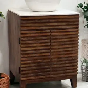 Solid wood vanity, hand-crafted in a modern design, rich brown wood with sleek horizontal lines with a marble top and white basin staged in a bathroom