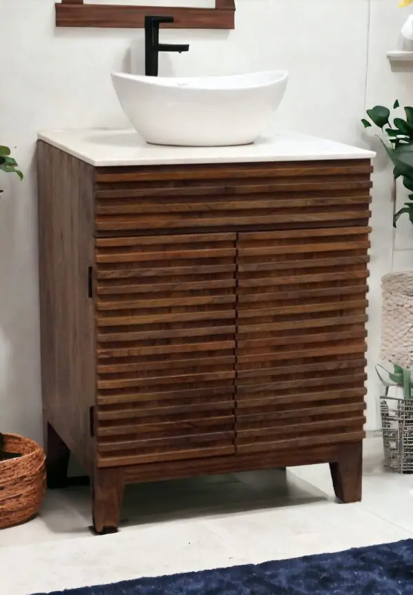 Solid wood vanity, hand-crafted in a modern design, rich brown wood with sleek horizontal lines with a marble top and white basin staged in a bathroom