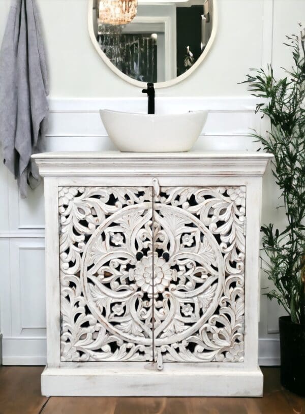 Hand-crafted solid wood bathroom vanity in whitewash with hand-carved doors, wood top and basin