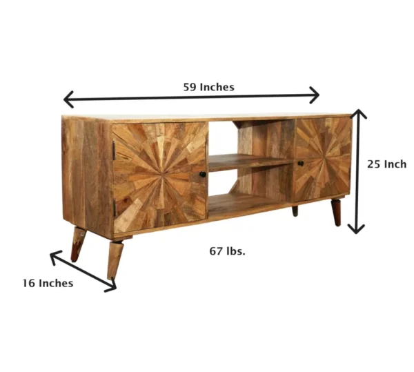 A wooden entertainment center with measurements on it.