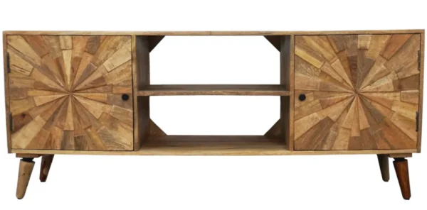 A wooden shelf with two doors and one shelf.