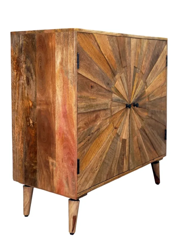 A wooden cabinet with two doors and three legs.