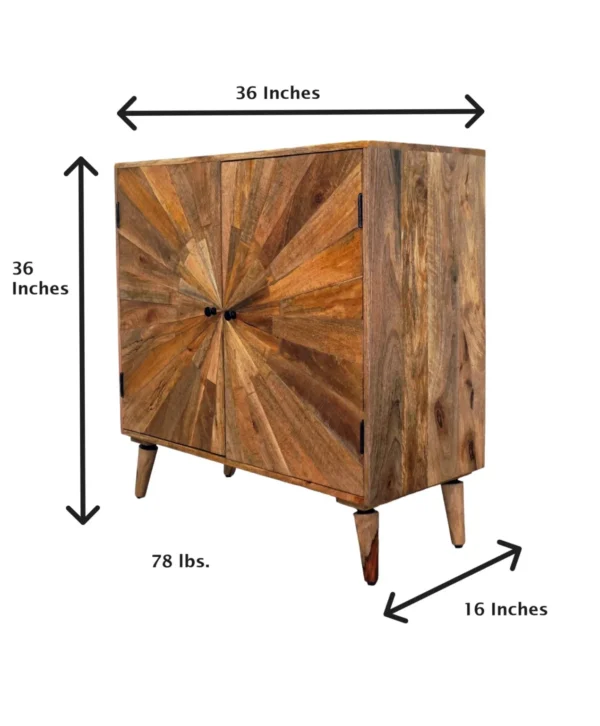 A wooden cabinet with the measurements of each side.