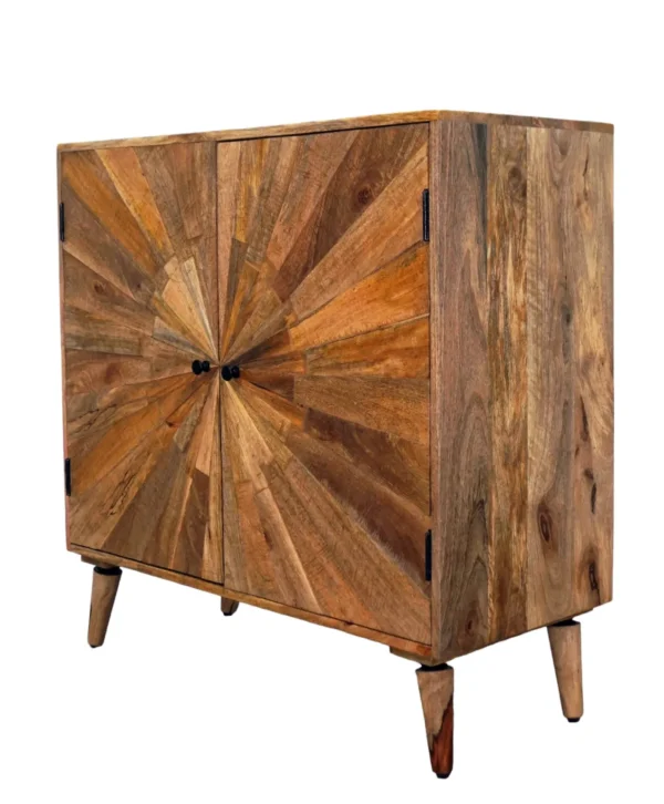 A wooden cabinet with two doors and four legs.