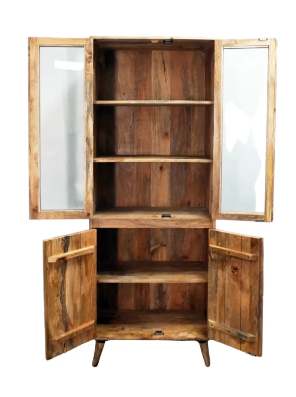 A wooden cabinet with two glass doors and two drawers.