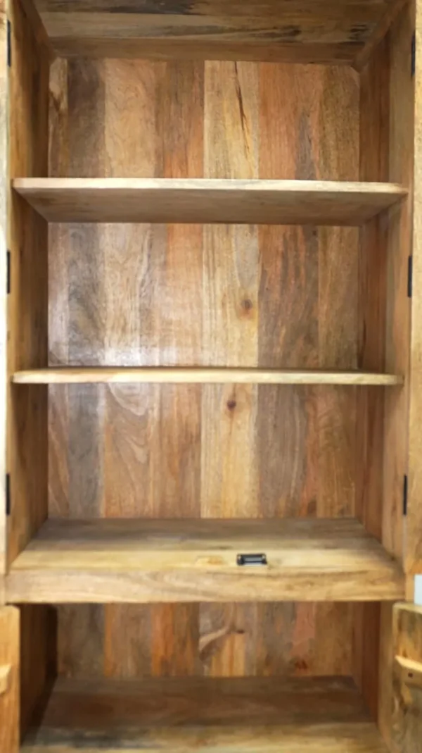 A wooden shelf with two shelves and one drawer.