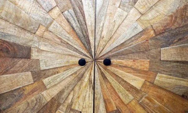 A close up of the inside of a wooden door.
