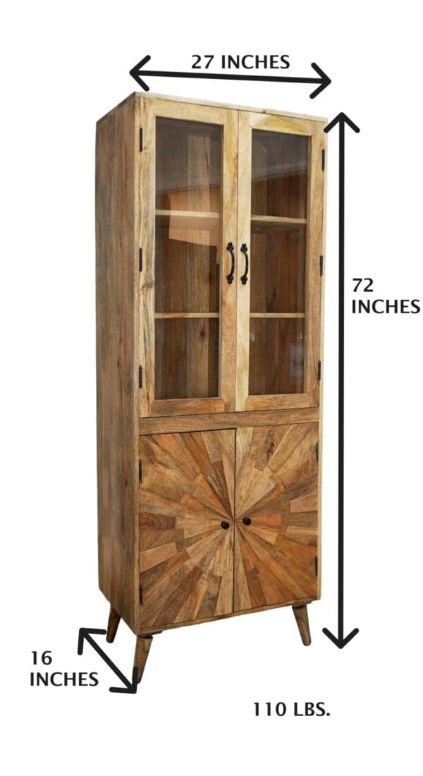 A tall wooden cabinet with glass doors and a sun design.