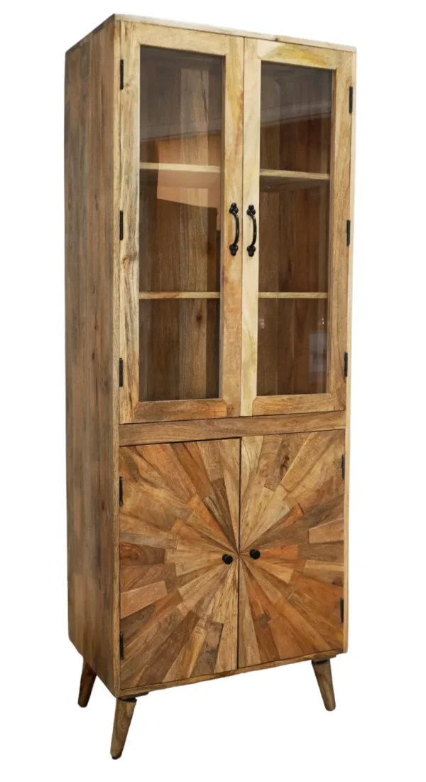 A wooden cabinet with glass doors and a wood design.