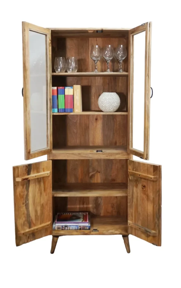 A wooden cabinet with two doors open to reveal a glass door.