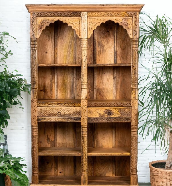 A wooden bookcase with two doors and four shelves.