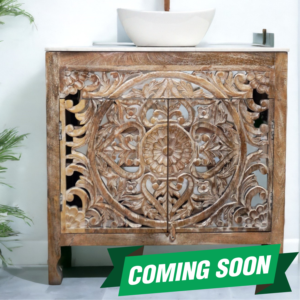 Hand-crafted natural wood vanity with hand-carved detailed doors - back in stock soon!