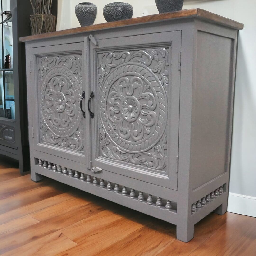 hand-crafted solid wood gray sideboard staged in home