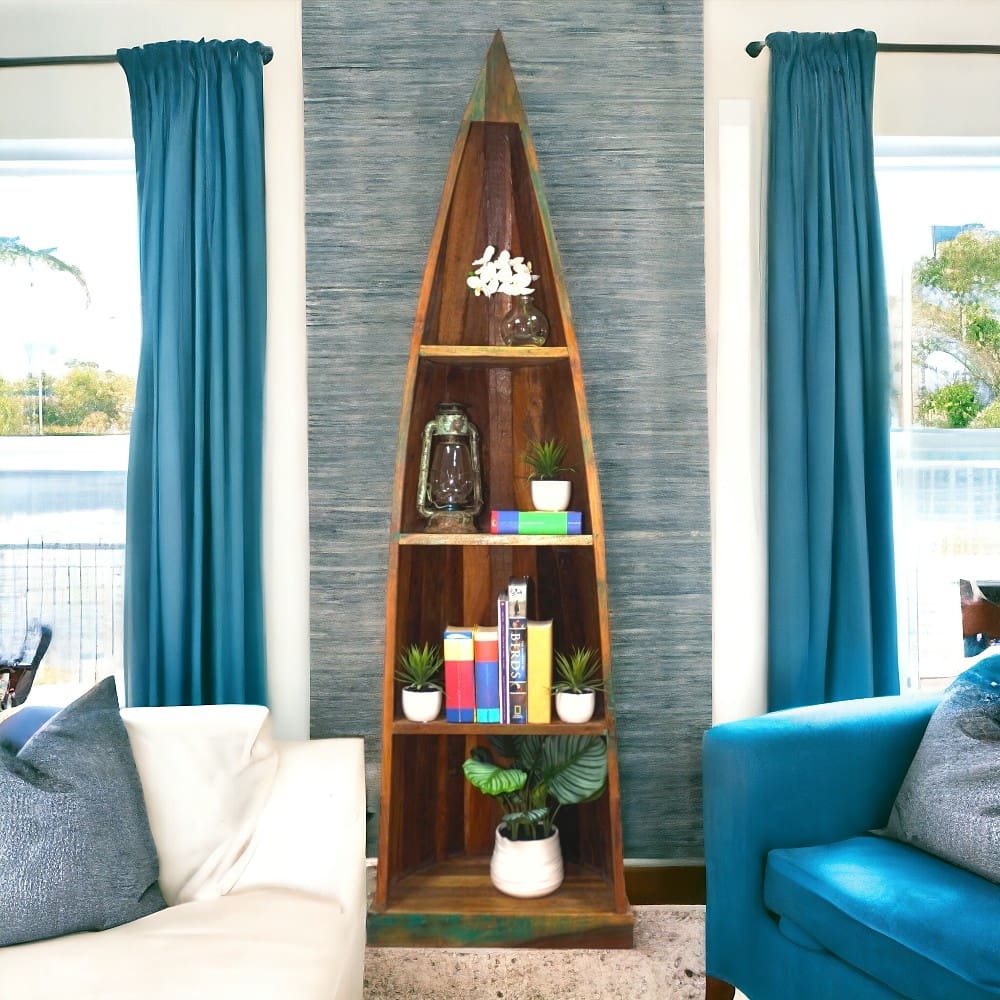 boat bookcase made of reclaimed wood staged in a living room