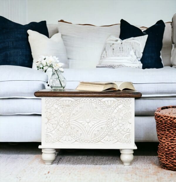 hand-carved small trunk staged in a living room