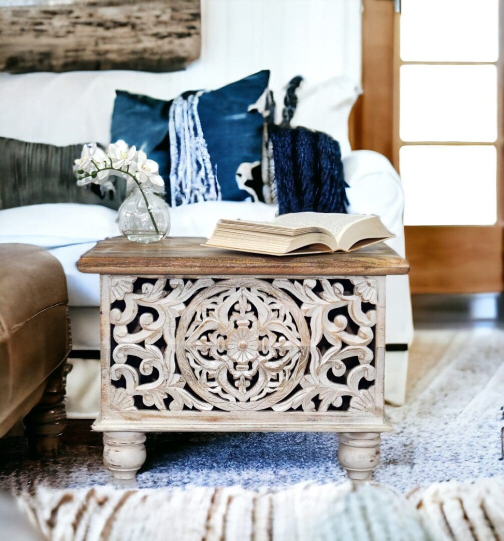 hand-crafted mandala cut-out small trunk staged in a living room