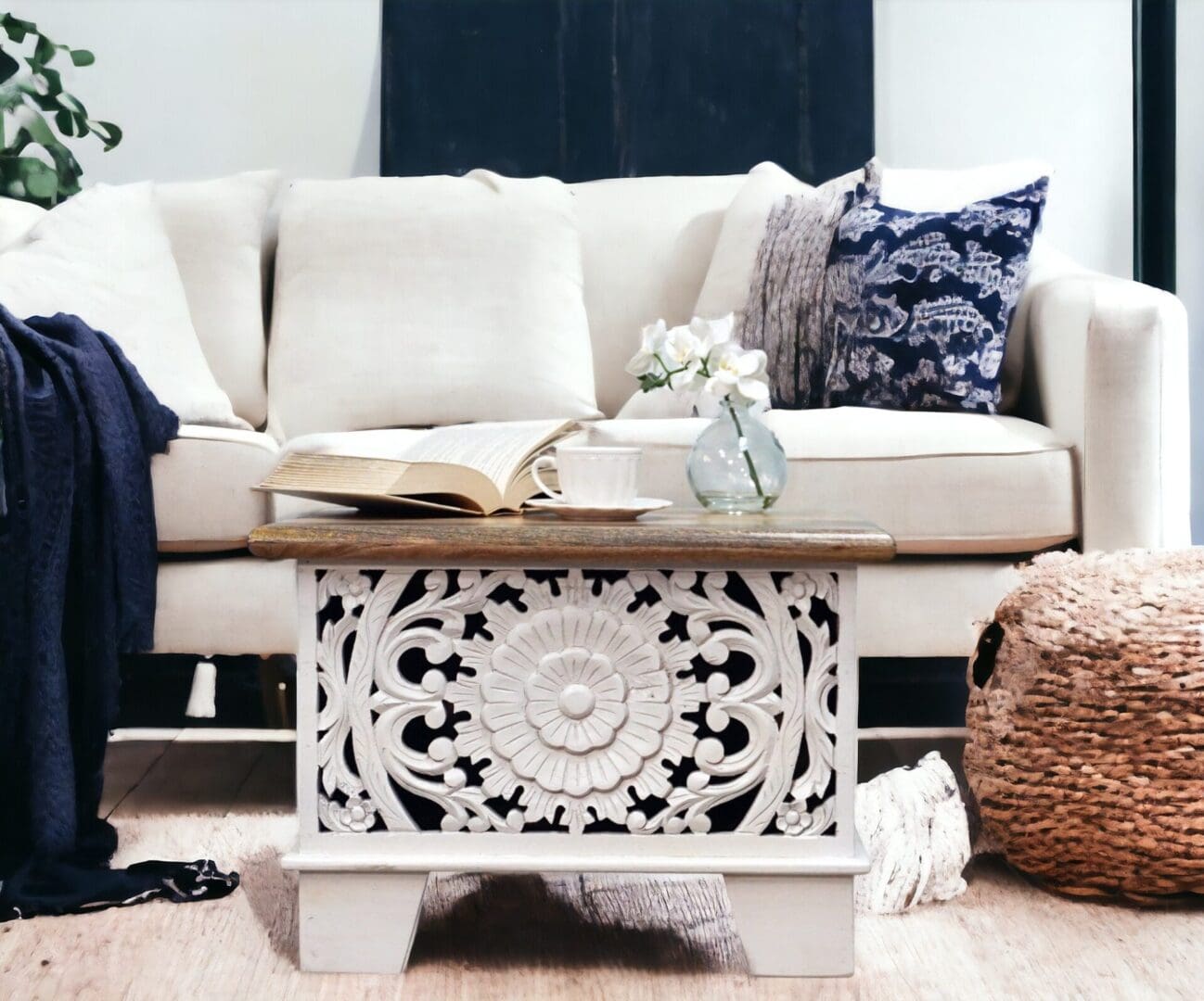 small mandala cut-out trunk with square legs staged in a living room
