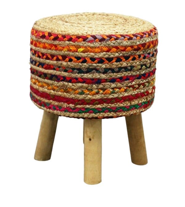 natural/multicolored hand-crafted jute stool on a white background