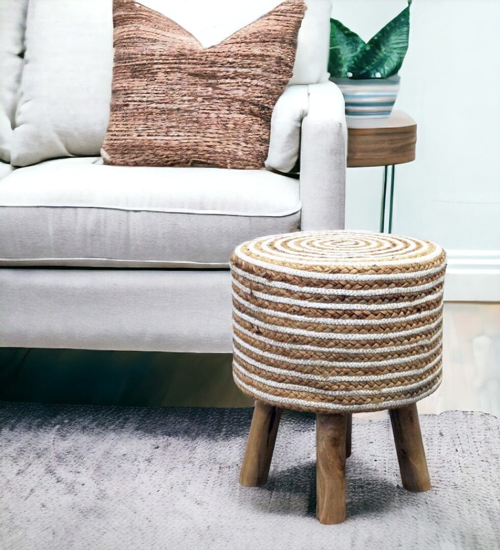 hand-crafted jute stool option natural and white staged in a living room