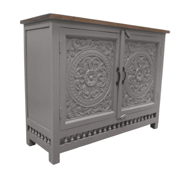 hand-crafted gray sideboard with hand-carved detail on a white background