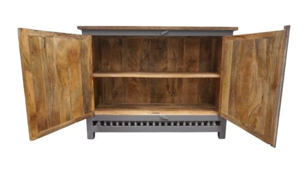 gray sideboard with doors open showing the natural wood inside