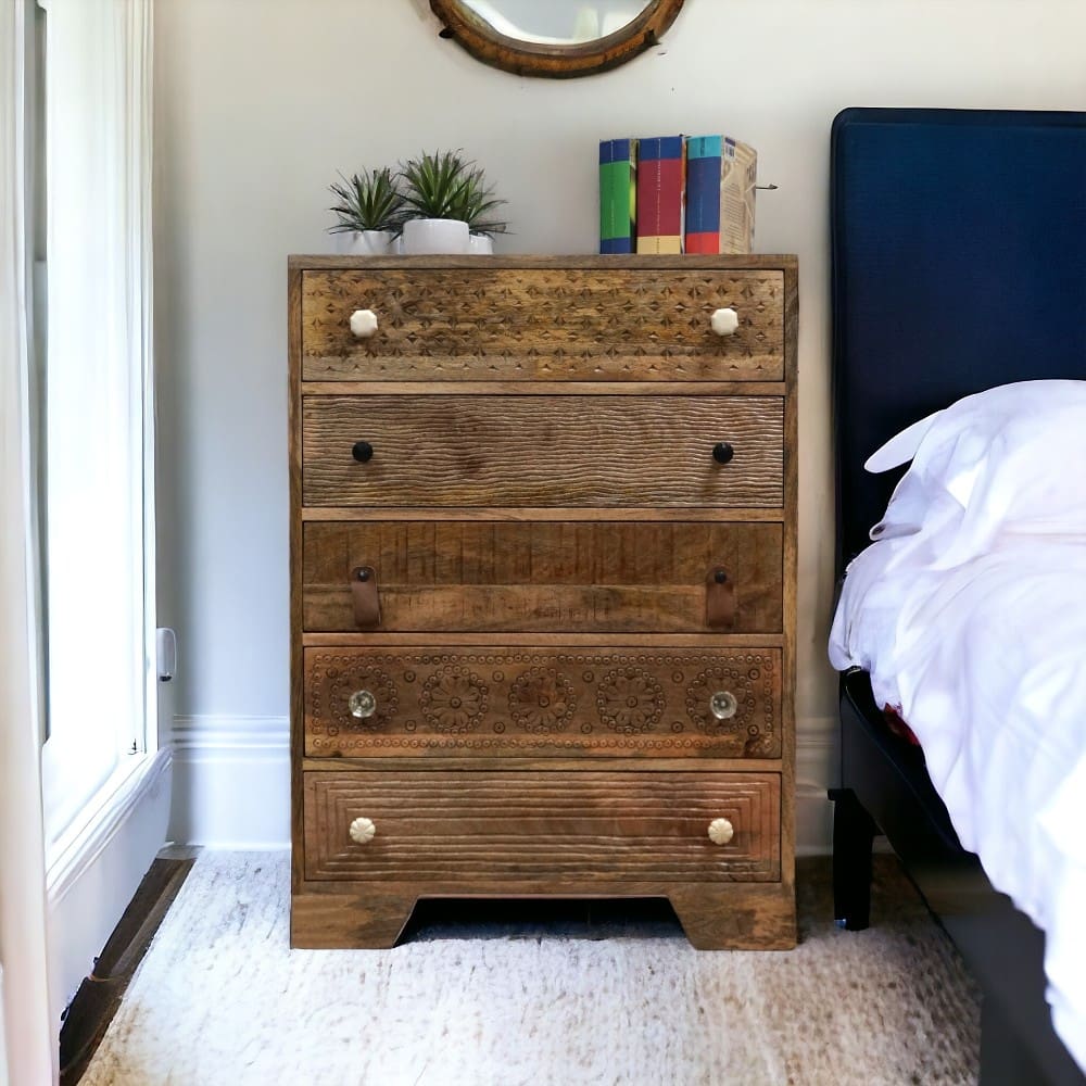 Unique hand-crafted solid wood 6 drawer tall dresser. Staged next to a bed.
