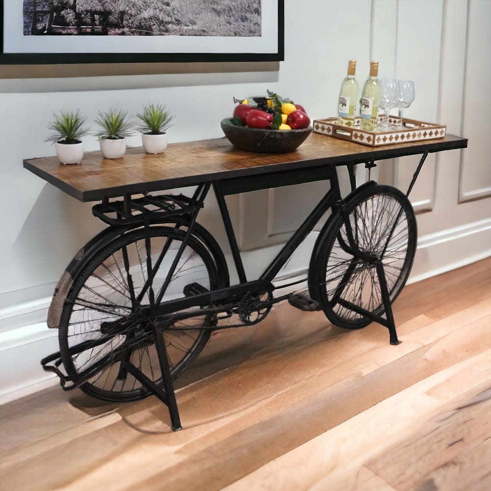 Vintage bicycle console table staged in a home