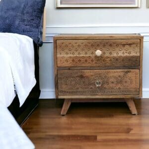 Natural wood side table nightstand with two drawers and hand-carved detail