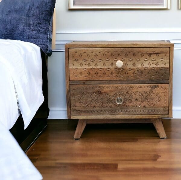 Natural wood side table nightstand with two drawers and hand-carved detail