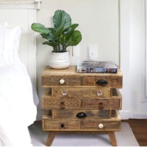 A unique multi-drawer solid wood side table or nightstand.