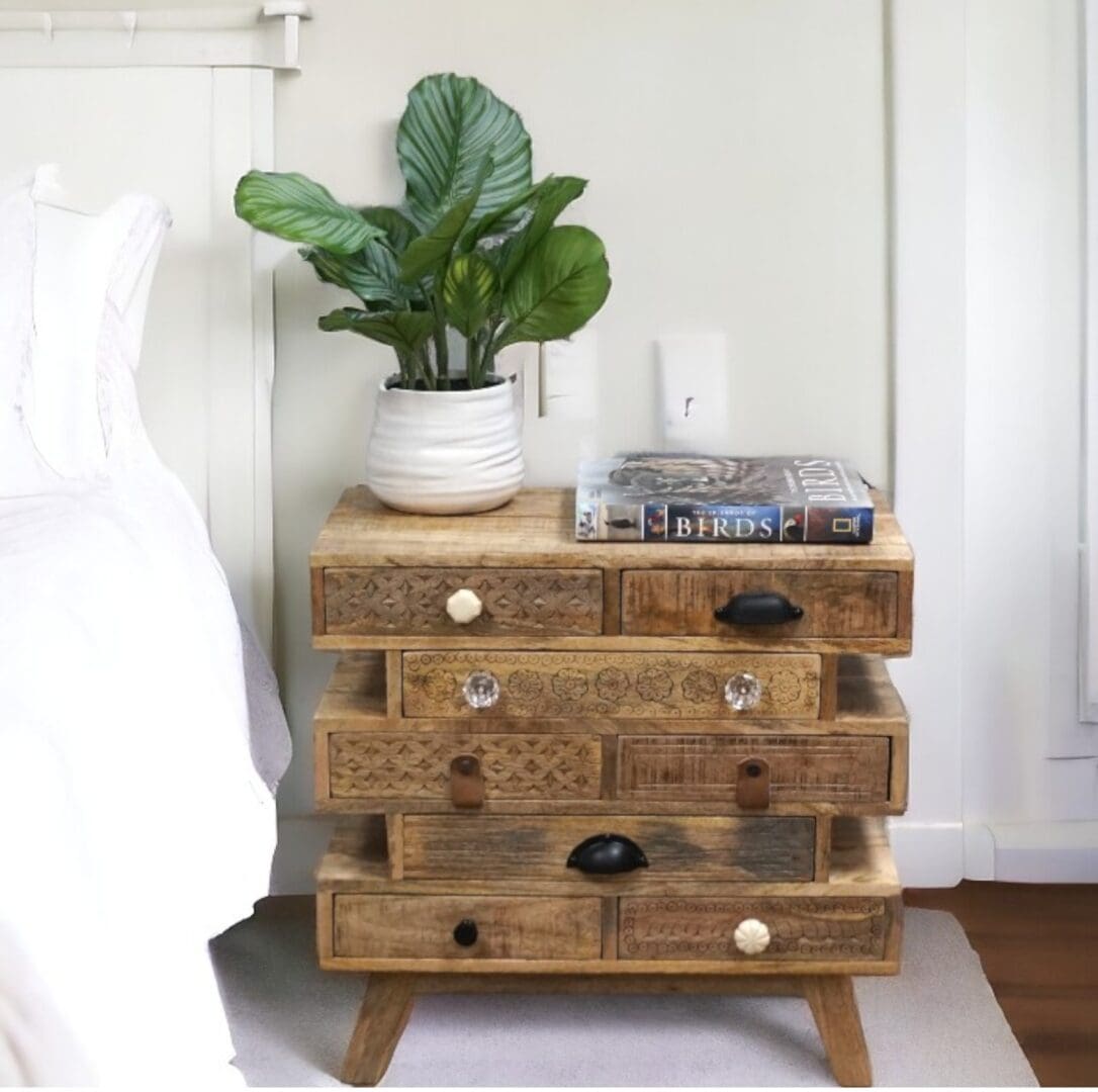 A unique multi-drawer solid wood side table or nightstand.