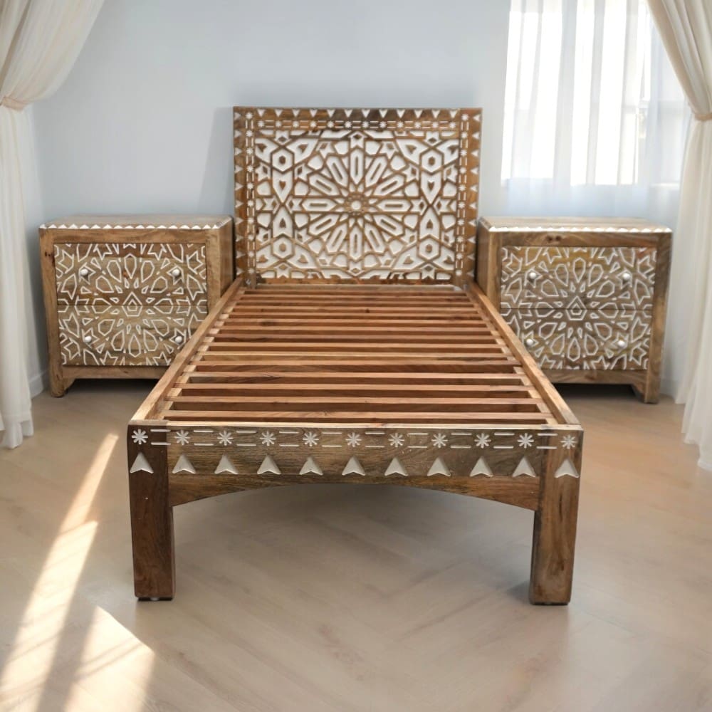 Hand-crafted solid wood twin xl bedframe staged in a living room with matching nightstands (sold separately)