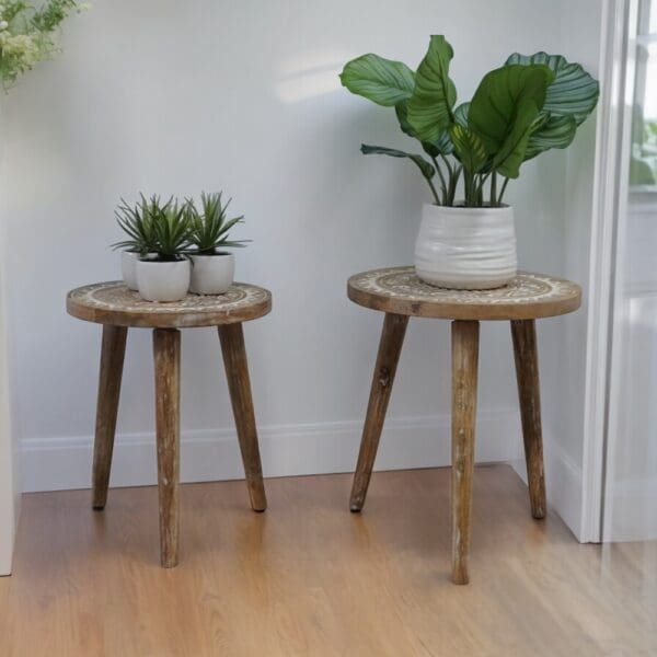 set of two wood side tables as plant stands