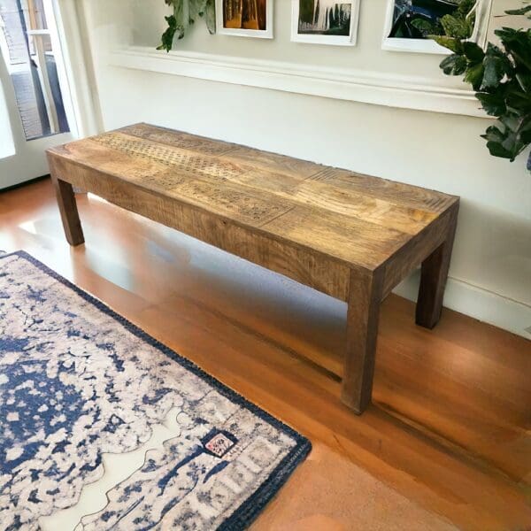 hand-crafted solid wood entry bench staged in a hallway