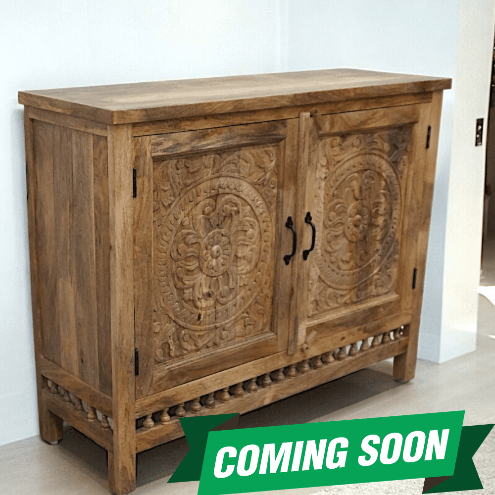 Natural Wood Sideboard with hand-carved detailing. Back in Stock SOON