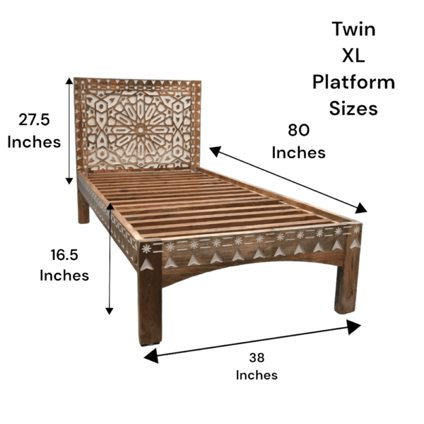 Hand-crafted solid wood twin xl bedframe showing sizes