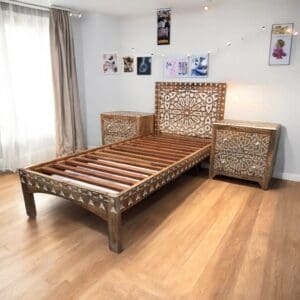 Hand-crafted solid wood twin xl bedframe staged in a teen bedroom with matching nightstands