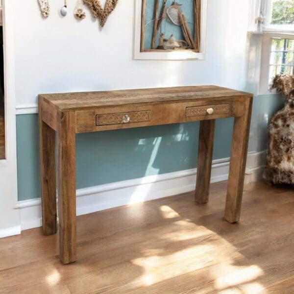 Hand-crafted mango wood console table with 2 small drawers