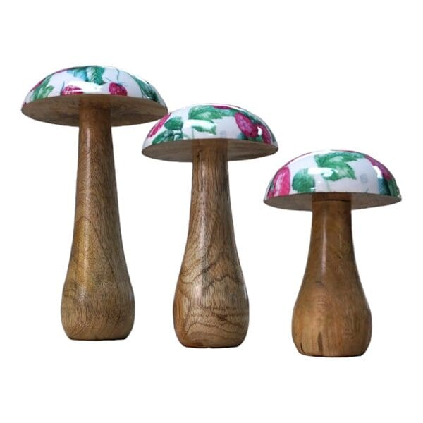 Hand-crafted Whimsical Wooden Mushrooms Set of 3 Berry - Image 2