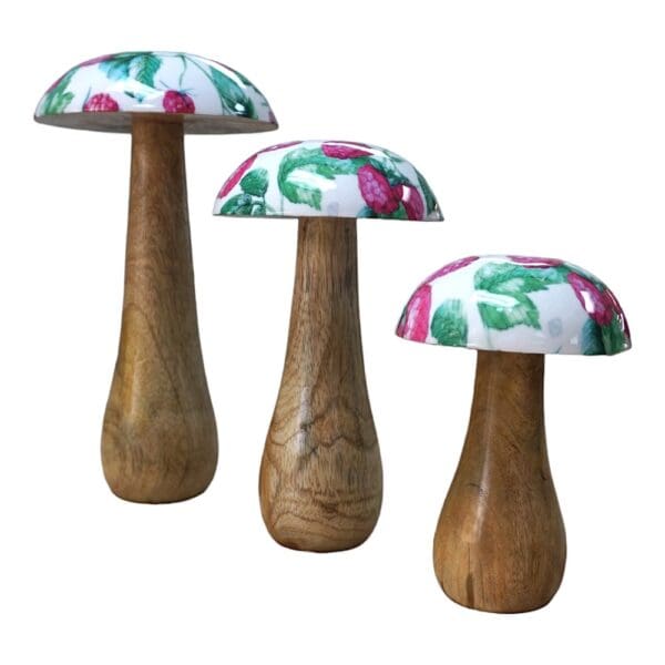 Hand-crafted Whimsical Wooden Mushrooms Set of 3 Berry - Image 3