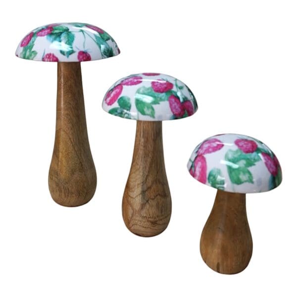 Hand-crafted Whimsical Wooden Mushrooms Set of 3 Berry - Image 4