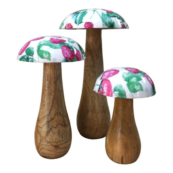 Hand-crafted Whimsical Wooden Mushrooms Set of 3 Berry - Image 5