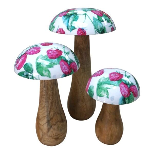 Hand-crafted Whimsical Wooden Mushrooms Set of 3 Berry - Image 6