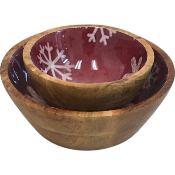 Set of two charming seasonal wood bowls with inlaid red and white snowflake resin design