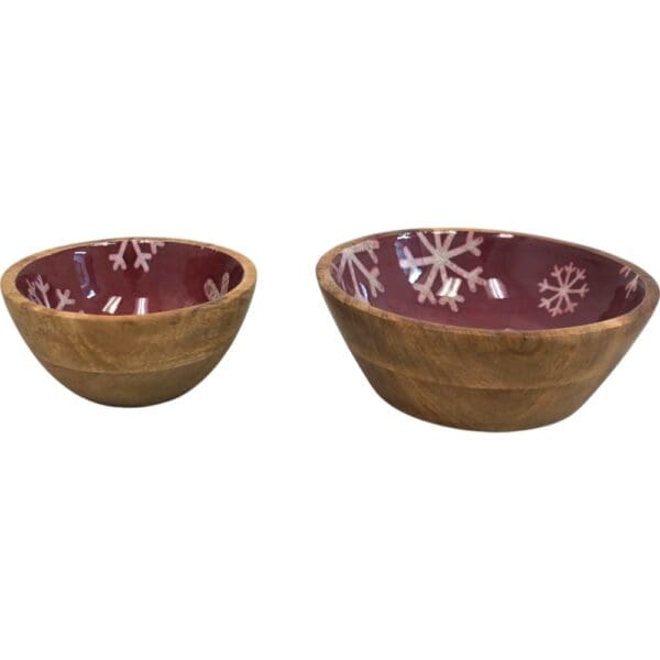 Set of 2 Winter Bowls in Natural Wood with Red and White Enamel - Image 3