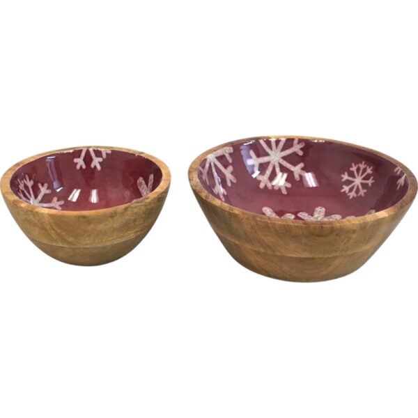 Set of 2 Winter Bowls in Natural Wood with Red and White Enamel - Image 4