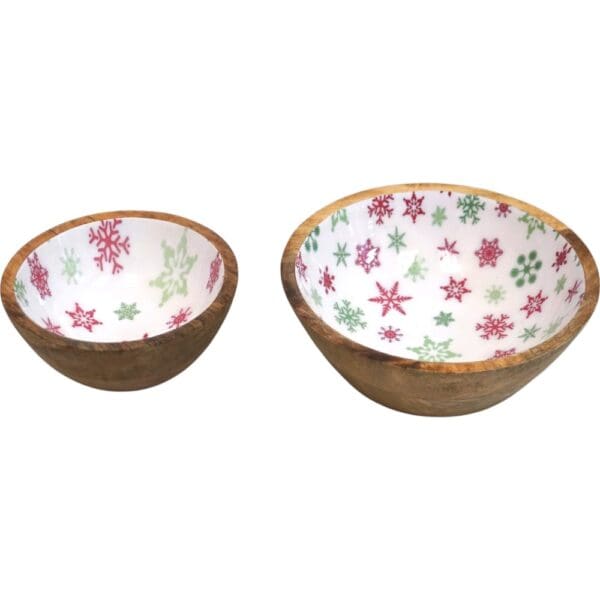 Set of 2 Winter Bowls in Natural Wood with White Enamel - Image 3