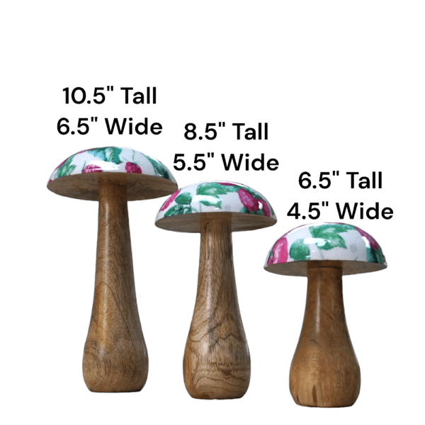 Set of 3 wooden mushrooms, natural wood with white enamel caps with raspberries and leaves on a white background showing the sizes