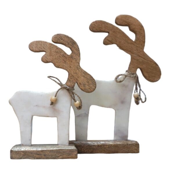 Set of Two Marble and Wood Reindeer on a white backgound