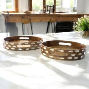 Hand-crafted solid wood tray - 2 sizes or bundle and save with a set of two staged in a sunny kitchen.